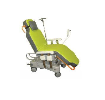 Sotec Ambu-One Electric Reclining Chair with green mattress and IV pole in a slightly reclined position as though in a day hospital