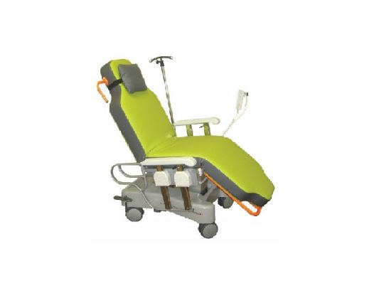 Sotec Ambu-One Electric Reclining Chair with green mattress and IV pole in a slightly reclined position as though in a day hospital